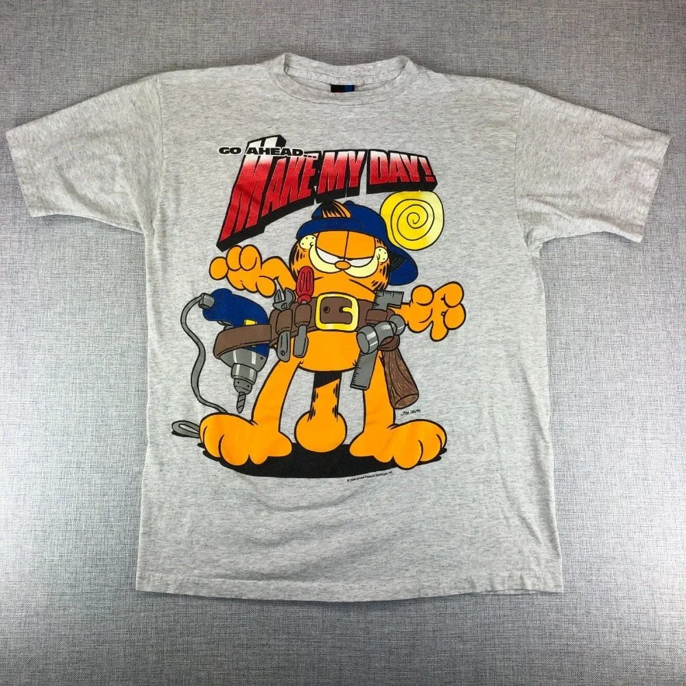 Vintage Garfield T-Shirt Mens Large Go Ahead Make My Day Single Stitch Gray‎
